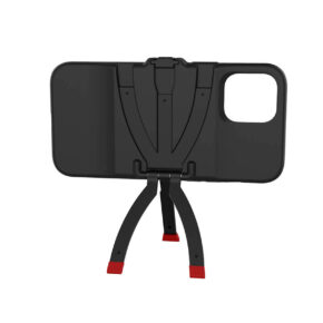 Joby-StandPoint-iPhone-12-Pro-Max Joby StandPoint iPhone 12 Pro Max - kotelo näkyy pystyssä integroidun kokoontaitettavan jalustan kanssa. Kaksi jalkaa, joissa on punaiset kärjet, tukevat puhelinta vaakasuunnassa.