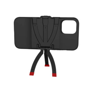 Joby-StandPoint-iPhone-12-Pro-Max Joby StandPoint iPhone 12 Pro Max - kotelo näkyy pystyssä integroidun kokoontaitettavan jalustan kanssa. Kaksi jalkaa, joissa on punaiset kärjet, tukevat puhelinta vaakasuunnassa.