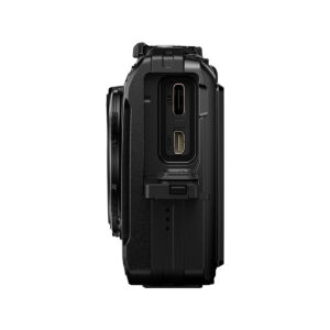 Olympus_TG-7_002 Sivukuva OM System Tough TG-7 -kompaktikamera, mustas, jossa näkyy kaksi porttia, joissa on merkintä HDMI ja USB tavallista valkoista taustaa vasten.
