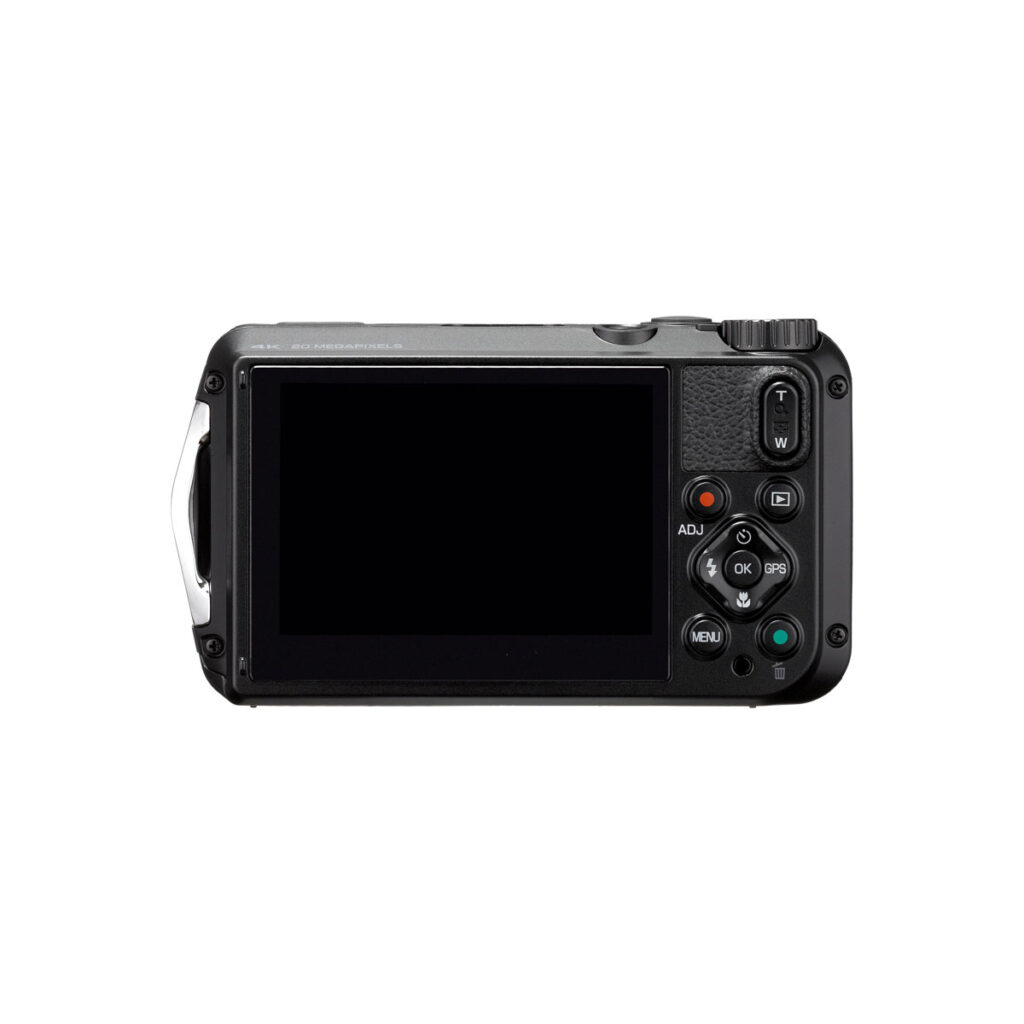 Ricoh_WG-6_003 Ricoh WG-6 Orange Kompaktikamera takaa katsottuna sisältää suuren näytön, useita painikkeita, säätöpyörän ja oikealla puolella olevan kuvioidun kahva-alueen.