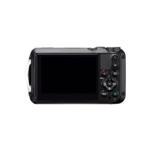 Ricoh_WG-6_003 Ricoh WG-6 Orange Kompaktikamera takaa katsottuna sisältää suuren näytön, useita painikkeita, säätöpyörän ja oikealla puolella olevan kuvioidun kahva-alueen.