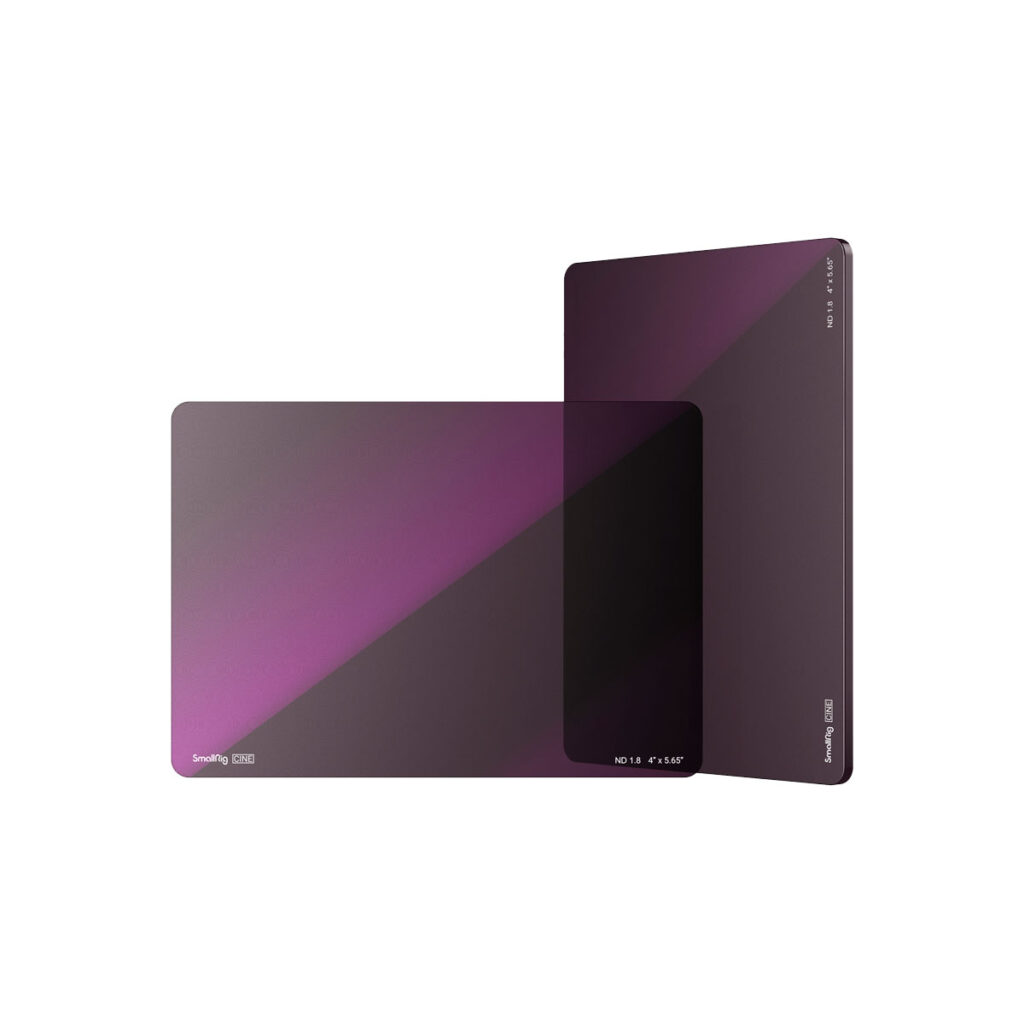 SmallRig_4227-Cine-Filter_001 Two SmallRig 4228 Cine Filter 4x5.65" ND2.1 (7 stop) rectangular lens filters with purple gradient tint, one upright and the other leaning against it, with a label in each corner, on a white background.