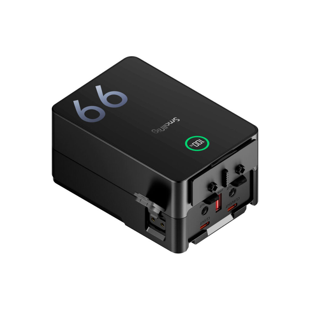 SmallRig_4292_002 SmallRig 4292 VB99 Pro mini V-Mount battery in black with multiple USB ports, digital display showing 100, and large 99 printed on top, shown on a white background.