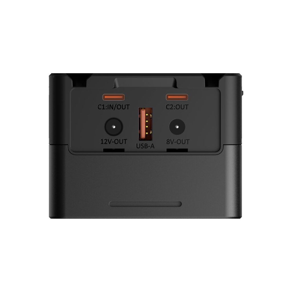 SmallRig_4292_003 The close-up of the SmallRig 4292 VB99 Pro mini V-Mount battery shows three ports: two USB-C ports (C1: IN/OUT 12V-OUT, C2: OUT 8V-OUT) and the middle USB-A port marked USB-A.