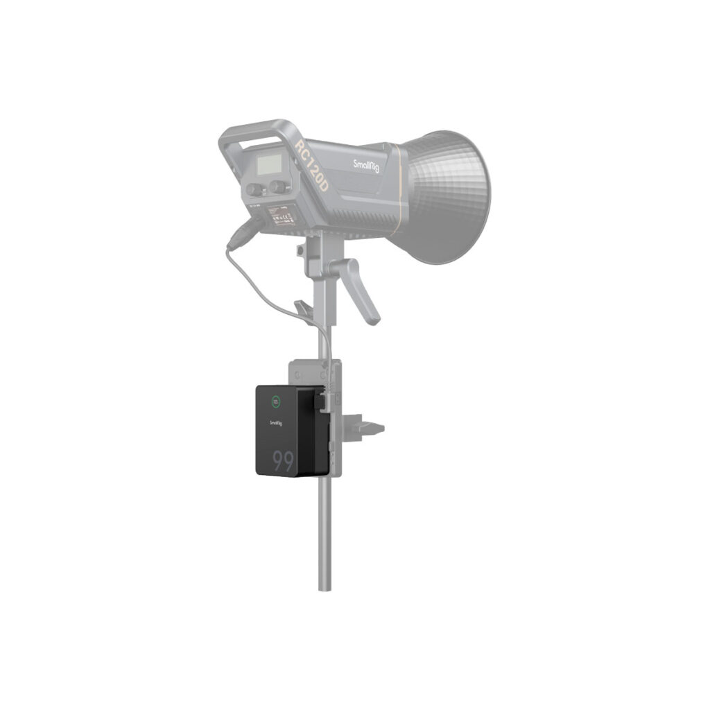 SmallRig_4292_007 The SmallRig 4292 VB99 Pro mini V-Mount battery is attached to a studio light on a stand, and its digital display shows "99", all against a white background.