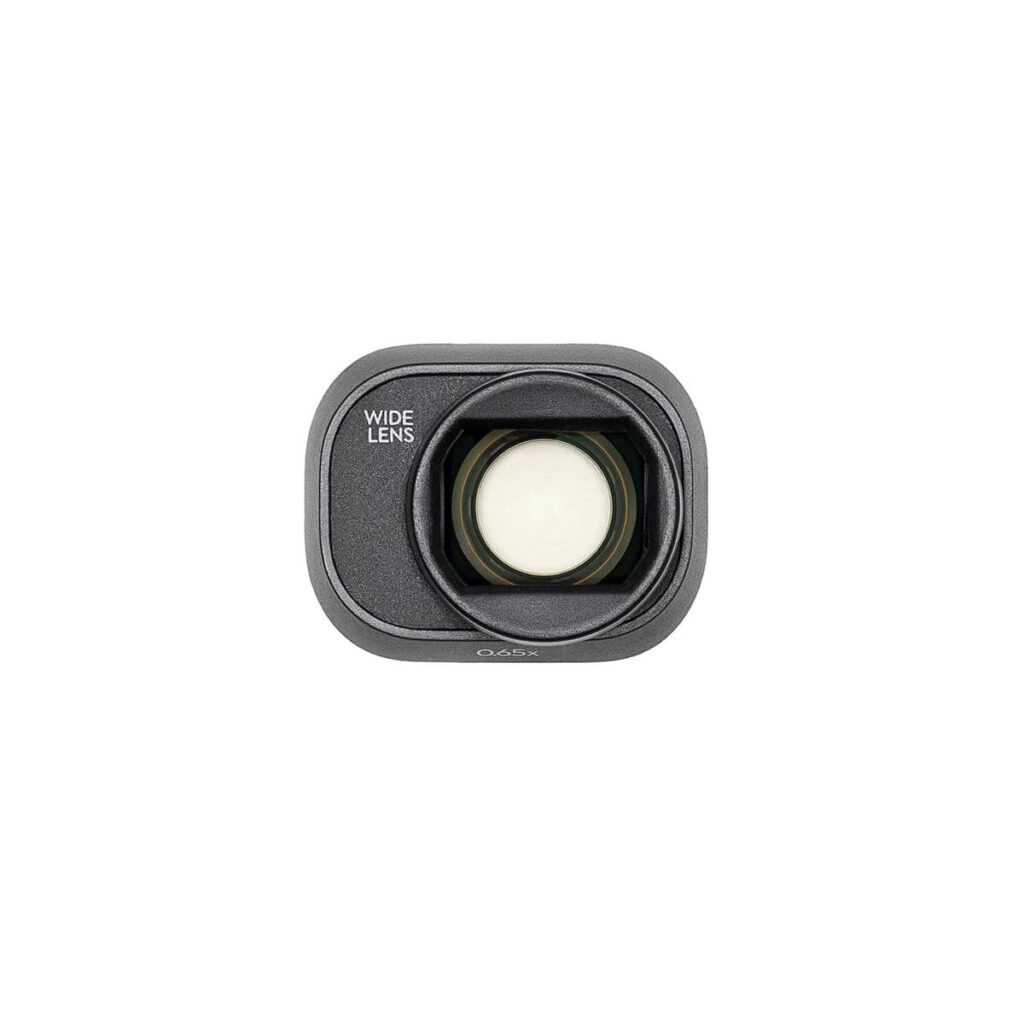 mini_4_pro_wide_angle_lens_02 Lähikuva DJI Mini 4 Pro ND-suodinsarjasta (ND 16/64/256), jossa on valkoisella tekstillä varustettu etiketti mustassa suorakulmaisessa suodattimessa keskellä valkoista taustaa vasten.