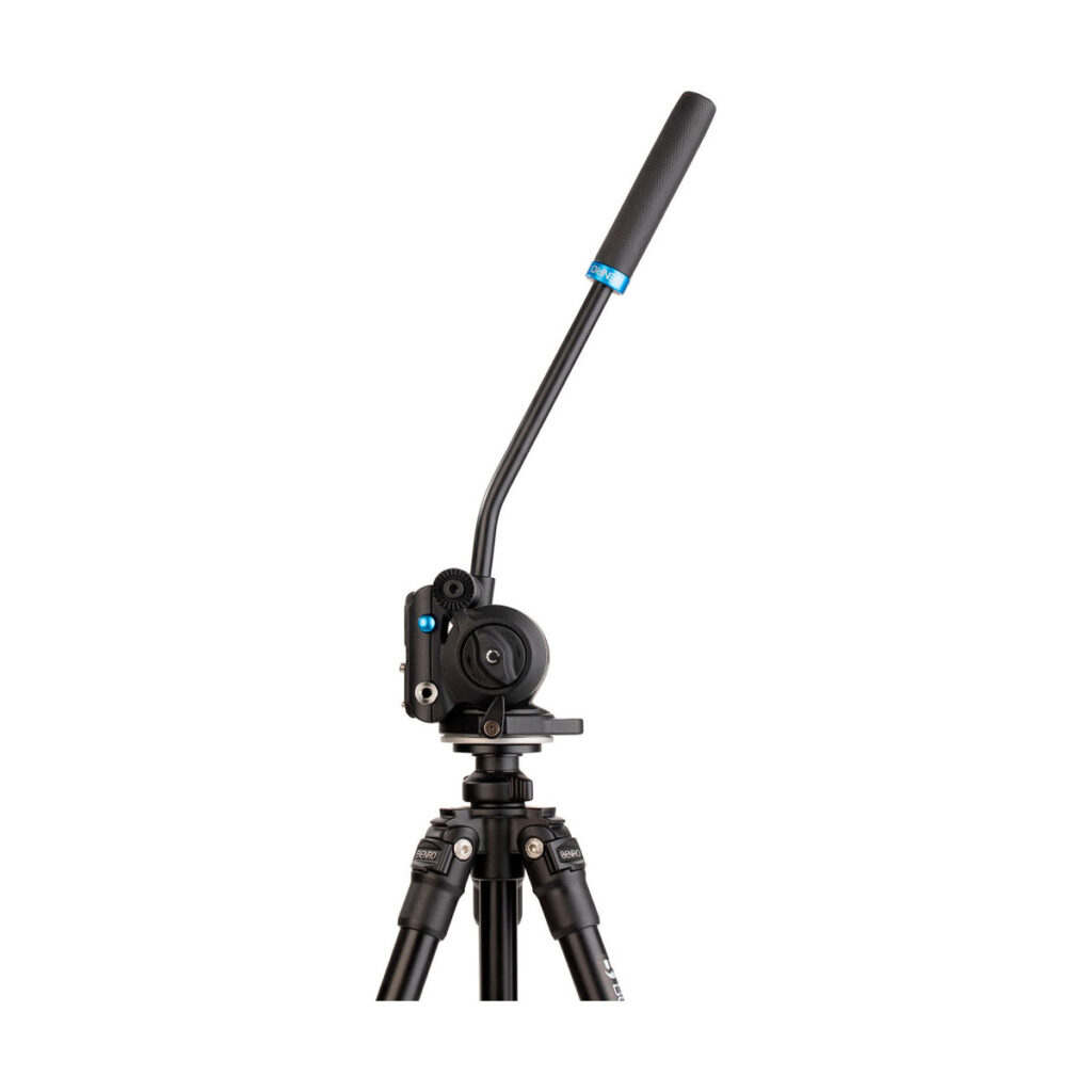 Benro_S2PRO_005 The Benro S2PRO Video Head is pictured against a white background; it features adjustable legs, a long, padded pan handle and a stylish black fluid head.