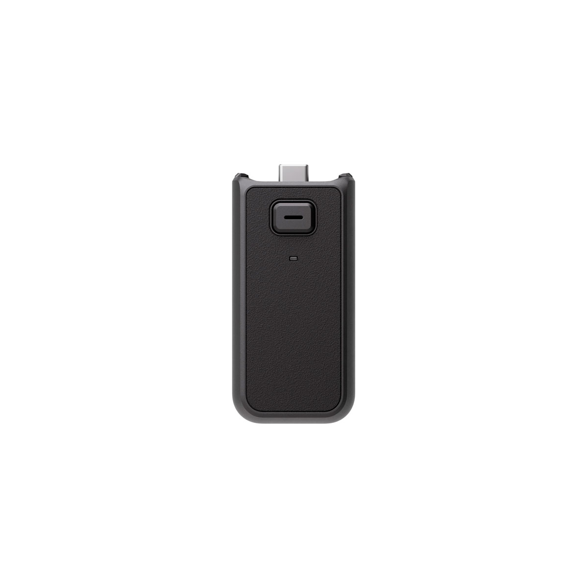 DJI Osmo Pocket 3:n akkukahva -akkukahva, musta ja suorakulmainen, sisältää pienen USB-C-liittimen yläosassa ja sen alapuolella olevan painikkeen, joka on keskitetty valkoista taustaa vasten.