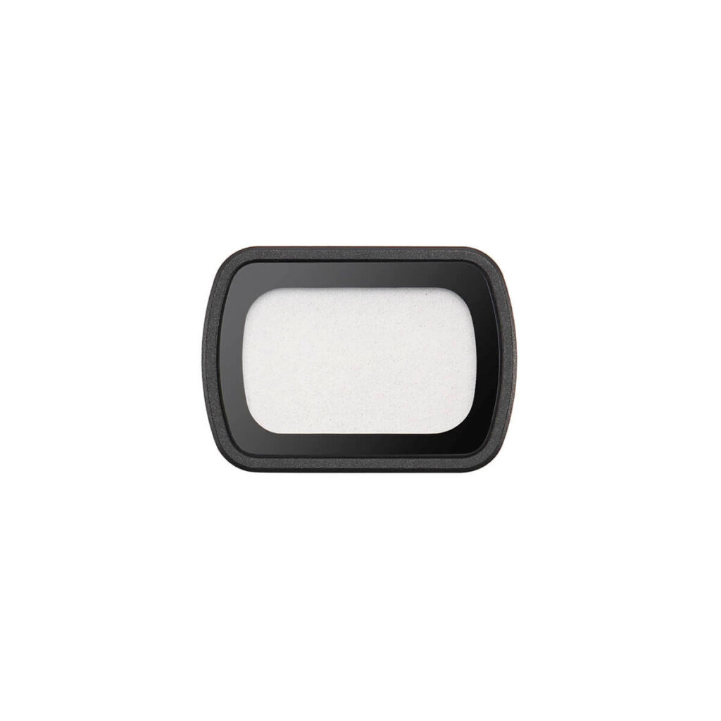 DJI Osmo Pocket 3 Black Mist Filter -suodin on suorakulmainen linssisuodin, jossa on mustat reunat ja valkoinen läpikuultava keskiosa, kuvattuna ylhäältäpäin valkoisella pohjalla.