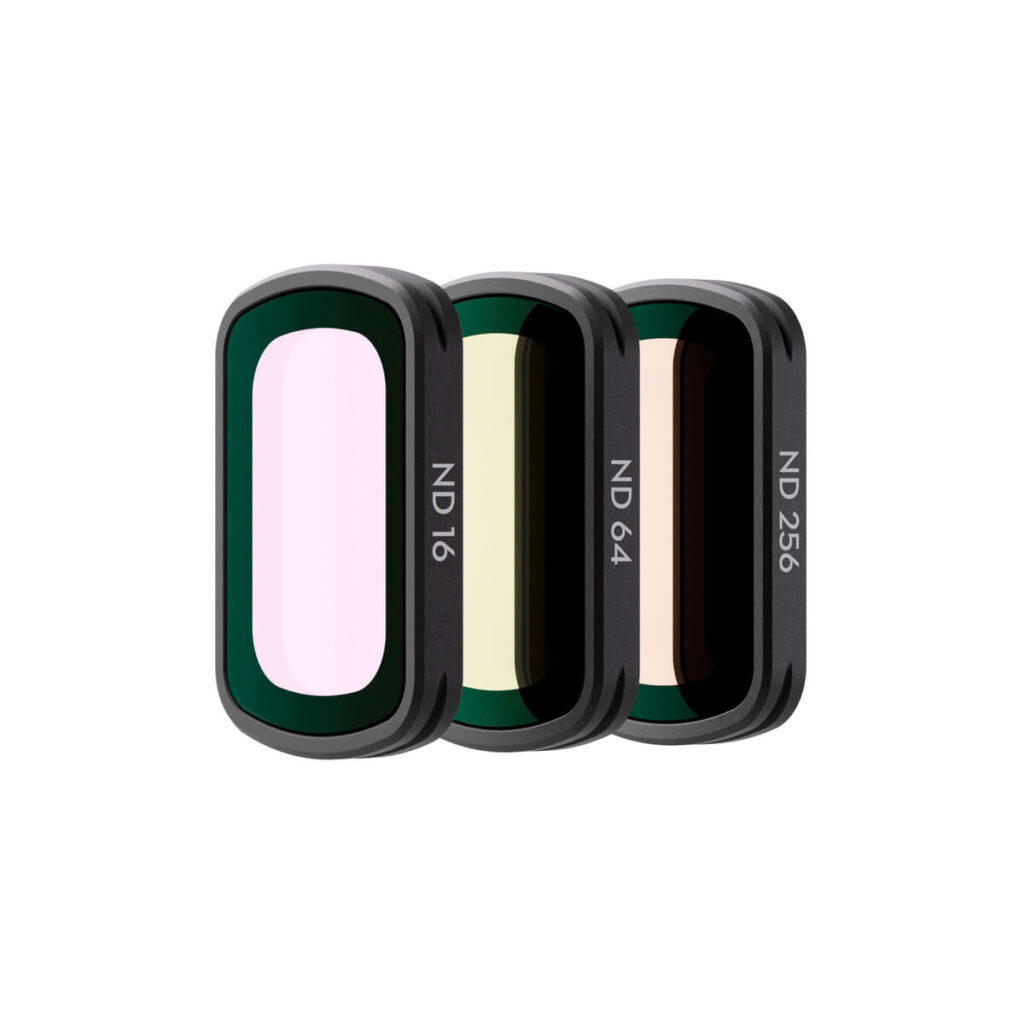 DJI_Osmo_3_007 The DJI Osmo Pocket 3 Magnetic Filters Set includes three rectangular filters (ND16, ND64, ND256) of different shades, displayed vertically side by side on a white background.