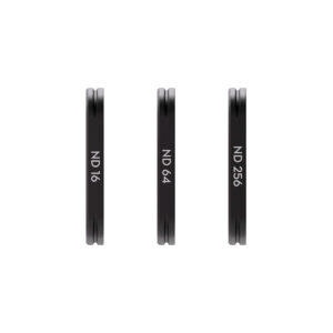 DJI_Osmo_3_008 Three thin, round DJI Osmo Pocket 3 magnetic filters (ND 16, ND 64 and ND 256) stand vertically next to each other on a white background.