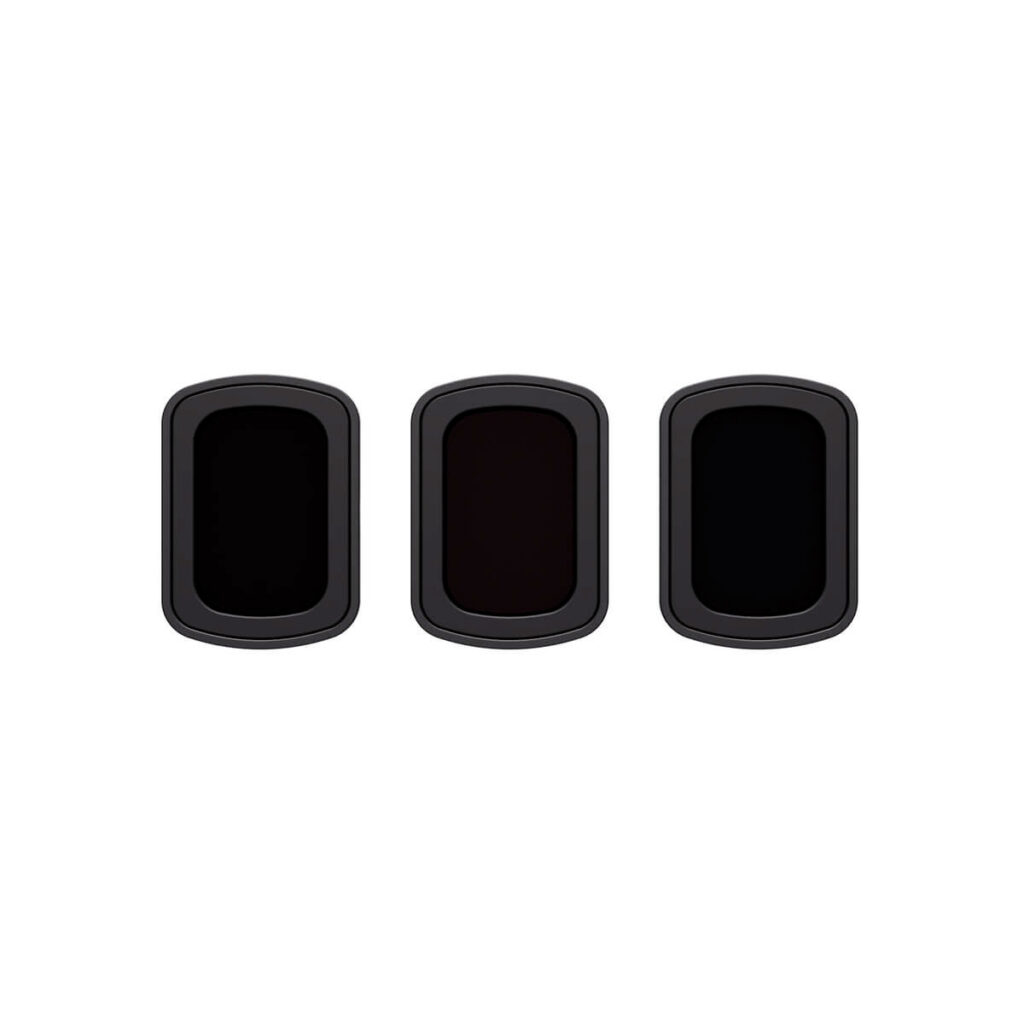 DJI_Osmo_3_009 Three identical DJI Osmo Pocket 3 Magnetic Filters Set, black rectangles with rounded edges outlined in grey, are placed side by side on a plain white background.