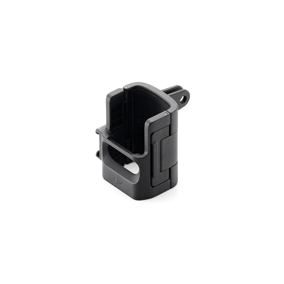 DJI Osmo Pocket 3 Expansion Adapter -lisävaruste on musta muovinen kiinnike, jossa on avoin suorakulmainen muotoilu ja kiinnityspisteet, kuvassa valkoisella pohjalla.