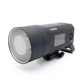 Godox AD400 pro Black Godox AD400 Pro (incl.ALV24%) - Used studio strobe with digital display and control buttons, tilted slightly to the left on a white base.