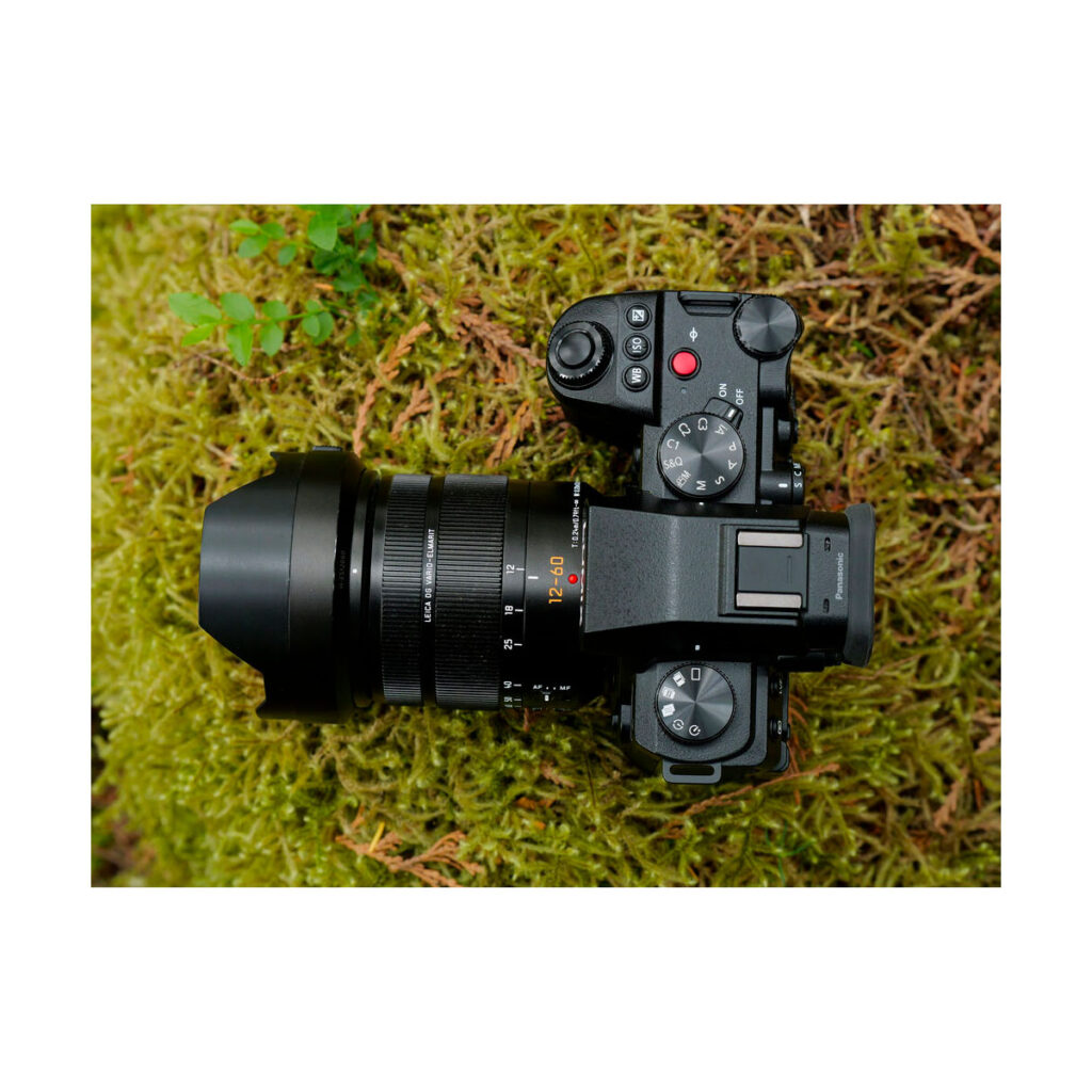 Lumix_G9II_007 Panasonic Lumix G9 II -järjestelmäkamera suurella objektiivilla lepää vihreällä sammaloituneella maalla ylhäältä katsottuna.