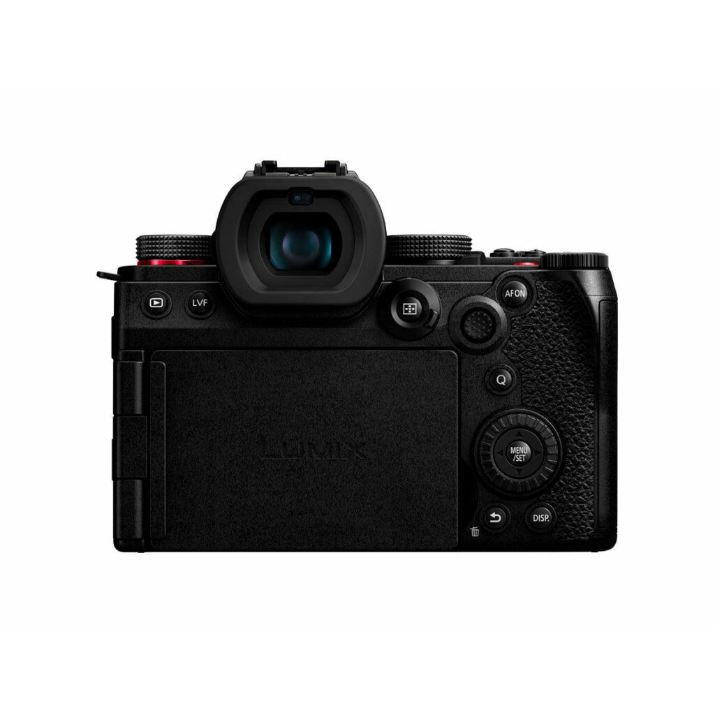 Lumix_G9II_12-60mm_005 Panasonic Lumix G9 II + 12-60mm LEICA F2.8-4.0 Kitin takanäkymä näyttää elektronisen etsimen, LCD-näytön, ohjauspainikkeet ja oikeanpuoleisen kuvioidun kahvan.