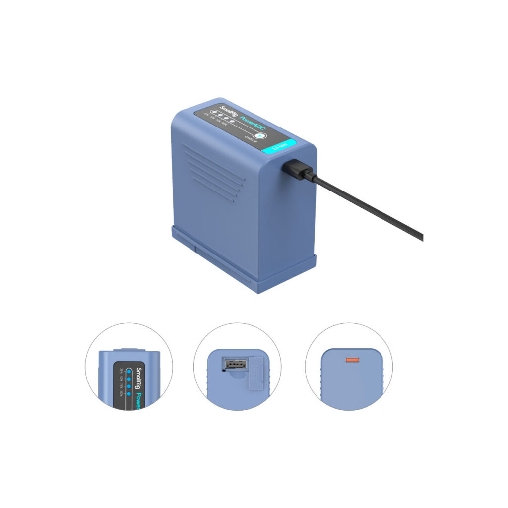 SmallRig_2467_004 Sinisessä SmallRig 4267 USB-C ladattavassa kameran akussa NP-F970 on digitaalinen näyttö ja virtajohto. Kolme lähikuvapiirrosta korostavat näyttöä, USB-C-porttia ja akun sivukuvaa.
