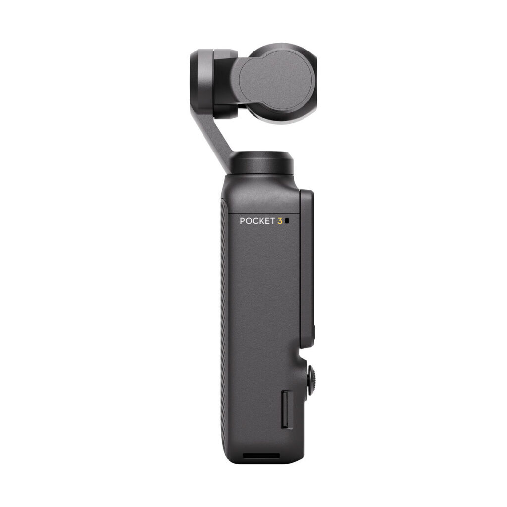 dji_osmo_pocket_3_01 DJI Osmo Pocket 3 -videokamera, kompakti käsikamera, jossa on kardaanivakaaja, näkyy sivulta valkoista taustaa vasten.