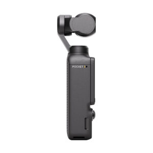 dji_osmo_pocket_3_01 DJI Osmo Pocket 3 -videokamera, kompakti käsikamera, jossa on kardaanivakaaja, näkyy sivulta valkoista taustaa vasten.