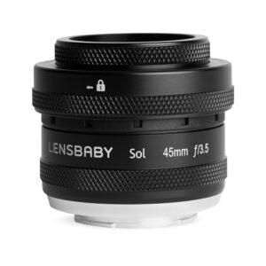 lensbaby_sol_45_01 The black Lensbaby Sol 45 for Sony E camera lens stands upright on a white background, with its make and model clearly visible on its body.