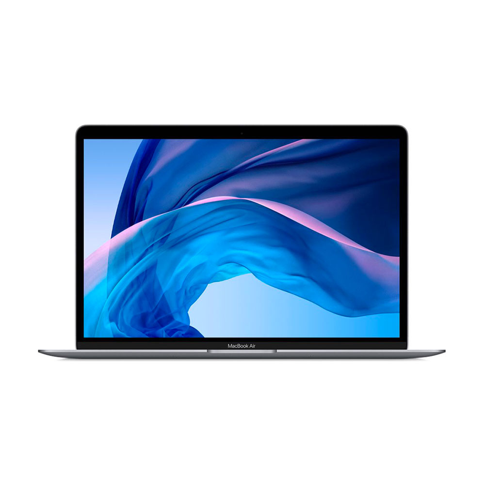 macbookki Hopeinen Macbook Air 13 (Late 2018) - Käytetty, jossa on musta näppäimistö, on auki, ja näytöllä näkyy sininen ja violetti abstrakti pyörre valkoista taustaa vasten.