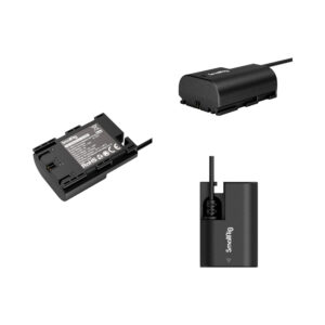 smallrig_4271_01 Kolme näkymää SmallRig 4271 Dummy Battery with Power Adapter (EU) LP-E6NH:sta: merkinnät ja portit, yläosa kaapelin kanssa ja pystyasennossa kaapeli kytkettynä.