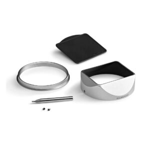 squarehood Squarehood X100 - Used includes a silver rectangular lens cover, a round metal ring, a flat black lens cover, a small metal tool and two small screws on a white background.
