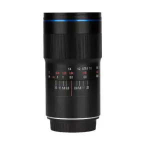 100mm_Ultra_Macro_2x_f2_8_canon.jpg The Laowa 100mm f/2.8 2X Ultra Macro APO for Pentax K is a black camera lens with manual focus, white and red aperture markings, textured grip and blue highlight ring against a white background.