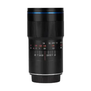 100mm_Ultra_Macro_2x_f2_8_canon.jpg The Laowa 100mm f/2.8 2X Ultra Macro APO for Pentax K is a black camera lens with manual focus, white and red aperture markings, textured grip and blue highlight ring against a white background.