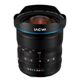 10_18_0000_layer 2 The Laowa 10-18mm f/4.5-5.6 for Nikon Z features a wide front glass, black body, blue accent ring and white and red markings for focusing distance and aperture. The lens bears the Laowa trademark.