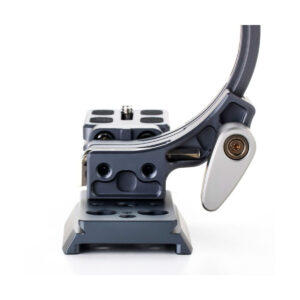 Benro_QRLB_002jpg A close-up of the front of the Benro Quick Rotation Lens Bracket, a metal camera mount featuring several holes and a lever for secure and adjustable mounting of the camera, against a white background.