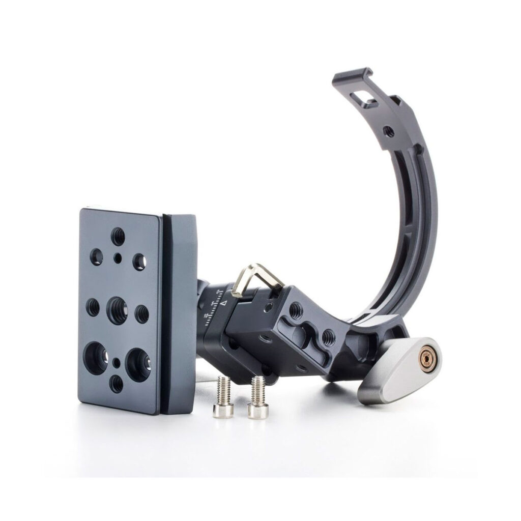 Benro_QRLB_003 The Benro Quick Rotation Lens Bracket features a metal bracket with several holes, an adjustable curved arm, two screws and a lever, all of which are visible against a white background.