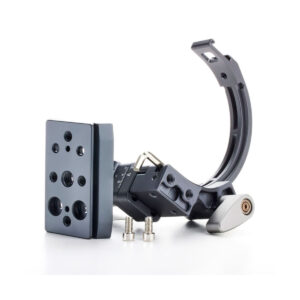 Benro_QRLB_003 The Benro Quick Rotation Lens Bracket features a metal bracket with several holes, an adjustable curved arm, two screws and a lever, all of which are visible against a white background.