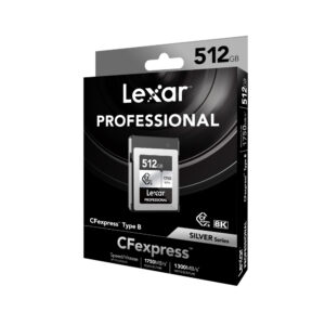 CFexpress-Pro-Silver-Serie-R1750-512gb-01 Lexar CFexpress Pro Silver Serie R1750/W1300 512GB -muistikortti vähittäismyyntipakkauksessa, mustana ja hopeisena, korostaa nopeuksia jopa 1750MB/s luku- ja 1300MB/s kirjoitusnopeutta sekä 8K-videotukea.