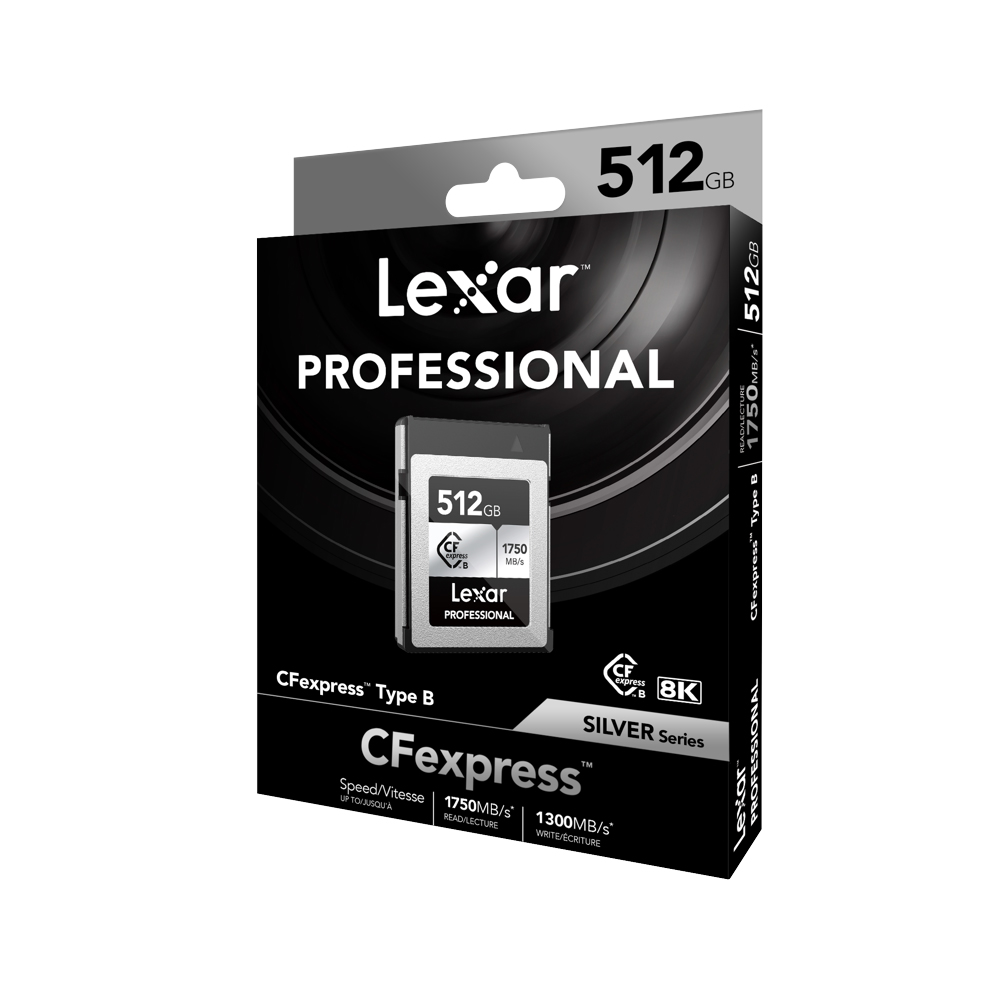CFexpress-Pro-Silver-Serie-R1750-512gb-01 Lexar CFexpress Pro Silver Serie R1750/W1300 512GB -muistikortti vähittäismyyntipakkauksessa, mustana ja hopeisena, korostaa nopeuksia jopa 1750MB/s luku- ja 1300MB/s kirjoitusnopeutta sekä 8K-videotukea.
