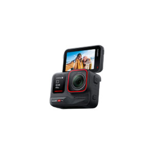 Insta360_Acepro_001 The black Insta360 Ace Pro 8K Action Camera, with red accent and dual info screens, features a front lens and flip-up screen when capturing a smiling person taking a selfie outside.