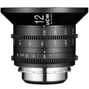 Laowa 12mm T2.9 Zero-D Musta Laowa 12mm T2.9 Zero-D (metriä) - PL-objektiivi, jossa on merkityt tarkennus/aukkorenkaat, hopeinen PL-kiinnike ja ZERO-DISTORTION-merkintä tynnyrissä.