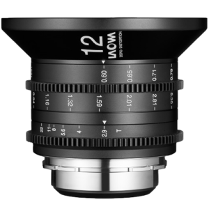Laowa 12mm T2.9 Zero-D Musta Laowa 12mm T2.9 Zero-D (metriä) - PL-objektiivi, jossa on merkityt tarkennus/aukkorenkaat, hopeinen PL-kiinnike ja ZERO-DISTORTION-merkintä tynnyrissä.