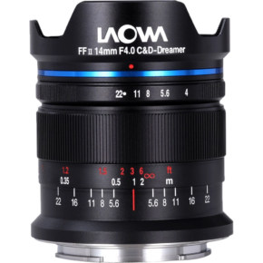 Laowa 14mm f:4 FF RL1 Laowa 14mm f/4 FF RL Zero-D (black) - The Leica M lens stands upright, with focus and aperture markings, blue accent ring and brand logo on a black backlight guard.