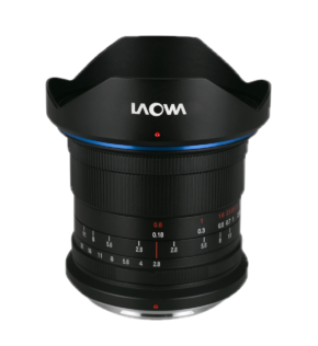 Laowa 19mm f:2.8 Zero-D - Fuji GFX2 The Laowa 19mm f/2.8 Zero-D lens for Fuji GFX features a black body, blue accent ring and white and red markings against a white background.