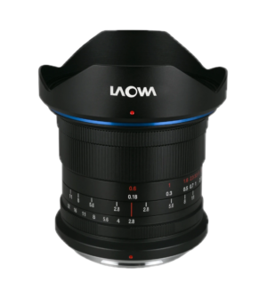 Laowa 19mm f:2.8 Zero-D - Fuji GFX2 The Laowa 19mm f/2.8 Zero-D lens for Fuji GFX features a black body, blue accent ring and white and red markings against a white background.