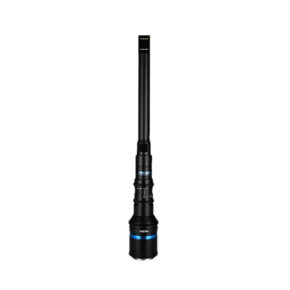 The Laowa 24mm T14 2X Periprobe (L-mount) is a long black lens with blue accents, shot vertically on a white background. It has a slim, elongated barrel and detailed adjustment rings near the centre section.