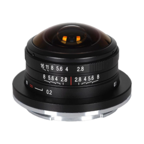 Laowa 4mm f:2.8 Circular 1 The Laowa 4mm f/2.8 Circular Fisheye - EOS-M lens features a wide-angle curved glass element, a black metal body and white and red engraved aperture and focus markings against a white background.