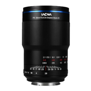 Laowa 58mm f:2.8 2X Ultra Macro APO1 The black Laowa 58mm f/2.8 2X Ultra Macro APO - Canon RF lens stands upright against a white background, with focus and aperture markings visible.