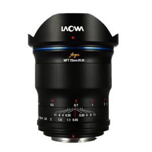 Laowa Argus 25mm f:0.951 Laowa Argus 25mm f/0.95 APO - MFT lens, black with blue and orange highlights, aperture and focus markings and petal-shaped hood, shown against a light background.