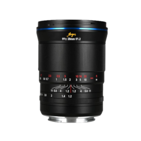 Laowa Argus 28mm f:1.2 2 Background Removed The black Laowa Argus 28mm f/1.2 FF lens for Sony FE with aperture and focus markings stands upright on a white background.