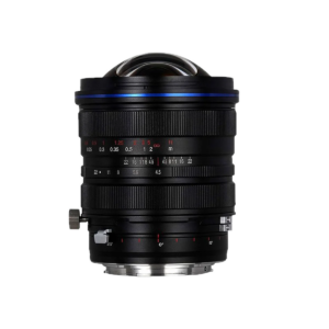 Laowa 15mm f/4.5 Zero-D Shift NEW - Canon RF -objektiivissa on musta runko, jossa on useita tarkennusrenkaita ja aukkorenkaita, punaiset ja valkoiset etäisyys- ja aukkomerkinnät sekä kiiltävä lasielementti valkoisella pohjalla.