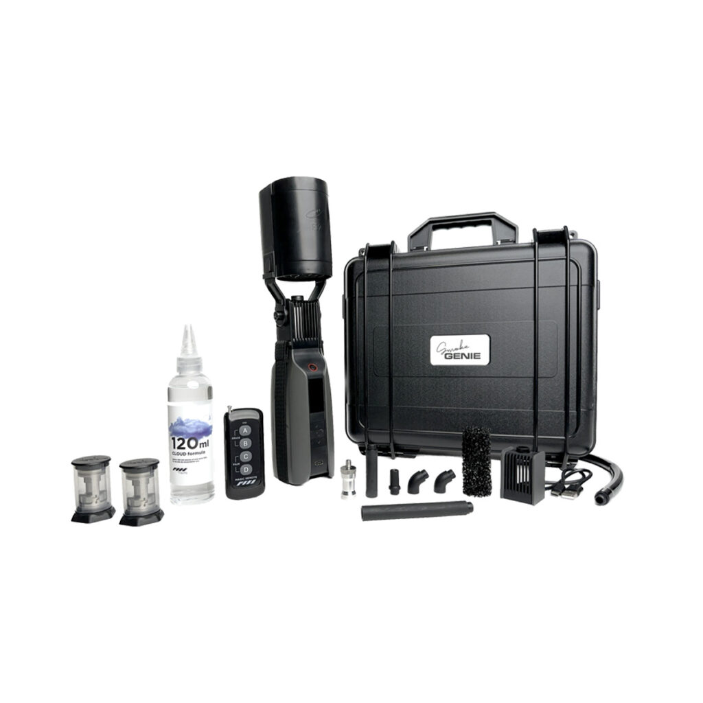 PMI SmokeGENIE - Professional1 PMI SmokeGENIE - The professional camera cleaning kit includes a hard carrying case, cleaning solution, electronic cleaning tool, remote control, two filter pans, brushes, nozzles and various accessories arranged on a white background.