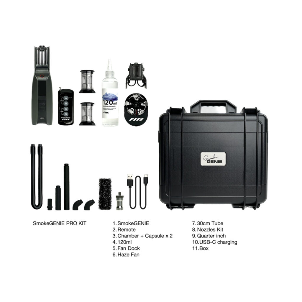 PMI SmokeGENIE - Professional3 The PMI SmokeGENIE - Professional kit contains the smoker, remote control, chambers, 120 ml bottle, ventilation blanket, mist fan, tubes, nozzles, 1/4" adapter, USB-C cable and black carrying case.