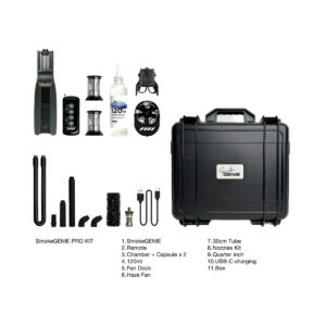 PMI SmokeGENIE - Professional3 The PMI SmokeGENIE - Professional kit contains the smoker, remote control, chambers, 120 ml bottle, ventilation blanket, mist fan, tubes, nozzles, 1/4" adapter, USB-C cable and black carrying case.